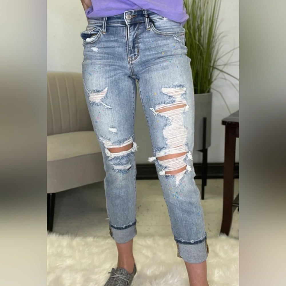 Judy Blue High Rise Confetti Paint Stretch Boyfriend Jeans Size 22